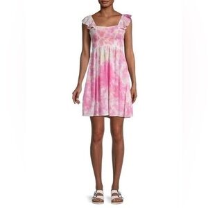 Area Stars Jani Tie-Dye Smocked Flutter Sleeve Mini Dress in Pink Yellow NWT XS